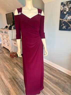 R&M Richards Wine-Red Cold-Shoulder Evening Gown